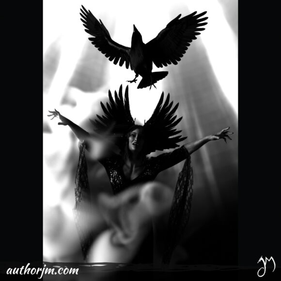A black and white image of a woman in a crow-inspired outfit who is performing a dance among fog and light while a real crow flies overhead.