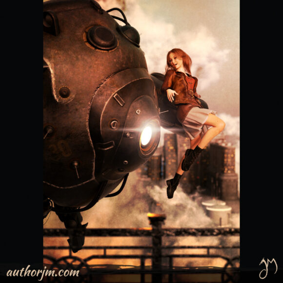 A girl in a steampunky outfit with a large round robot and a sci-fi city covered by clouds far in the background.
