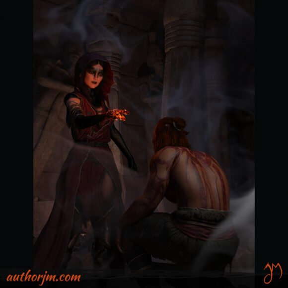 An image shows a sorceress in a dark and possibly ancient temple casting a spell on a barbarian kneeling in front of her.