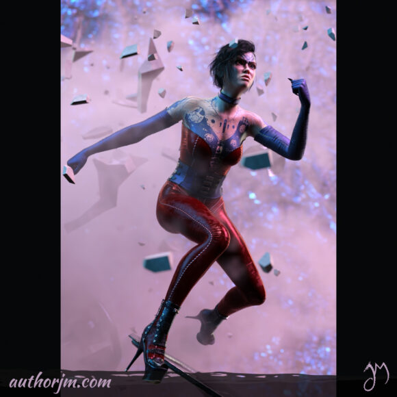 A short-haired woman in a cyberpunk-like cat suit and tattoos is jumping through the air with a fierce expression. There's smoke and flying debris behind her.