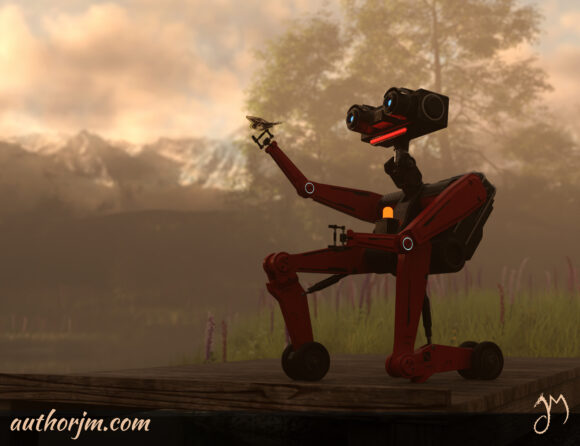 A robot kneeling on a wooden pier with trees and mountains in the background. A butterfly had perched on the robot's stretched limb.