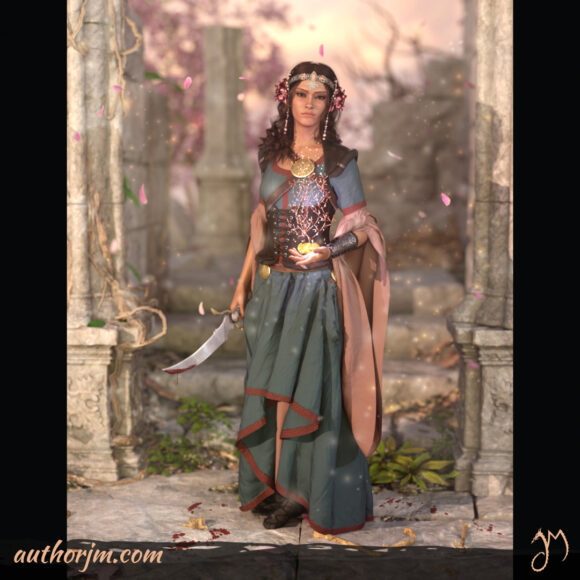 A woman in an fantasy outfit is standing among white-stone ruins. From one hand, she's conjuring a magical plant, and in the other hand she's holding a bloodied knife.