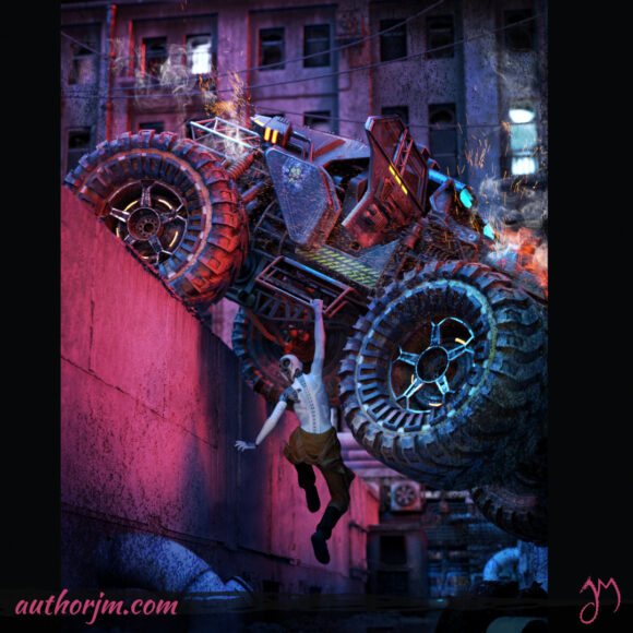 A cyberpunk truck with huge wheels is partially stuck in a ditch. A female android is trying to climb out of it.