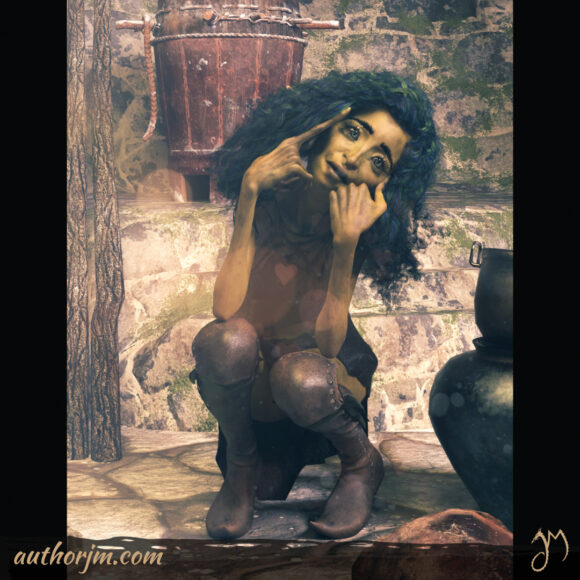 A slim orc female with greenish skin and long curly green hair is squatting down in what looks like a fantasy household looking dreamily into the camera.