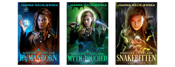 3 covers of books from Shadows of Eireland series by Joanna Maciejewska: Humanborn, Myth-Touched, and Snakebitten