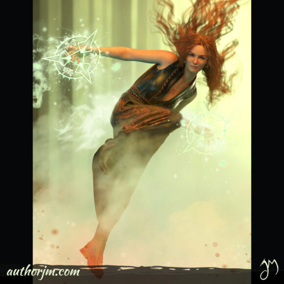 A red haired woman in a long dress in jumping through the air in a misty forest while casting spells.