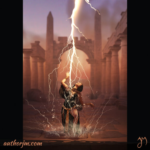 An image of a woman among ruins in a desert being struck by a magical lightning.