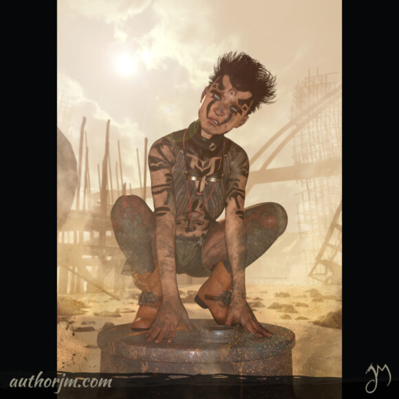 A grungy and punky looking woman with tattoos is squatting at an old metal barrel, looking challenging. There's a destroyed city behind her.