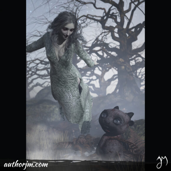 An image of a female ghost and a little creature walking through a creepy foggy forest.