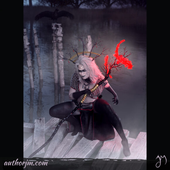 A shaman woman crouching on a wooden bridge in the middle of a swamp.