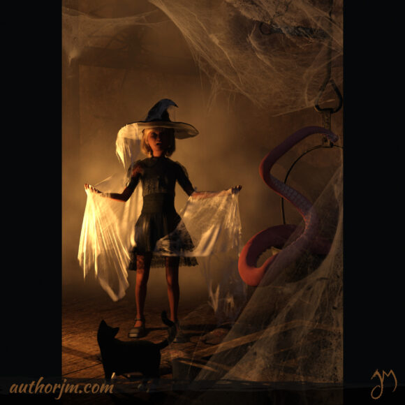 A little witch in an attic covered in cobwebs, with a cat watching her and a tentacle sticking out of an old cauldron.