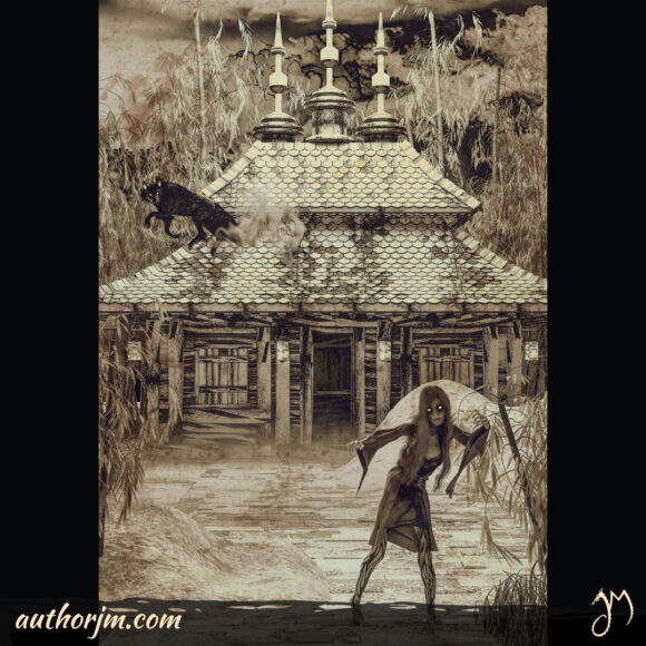 A creepy woman in front of a snowy landscape with bamboo and old Japanese building.