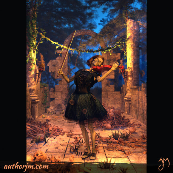 A coprse dressed in a nice dress performs on a violin in the middle of ruins in a forest.