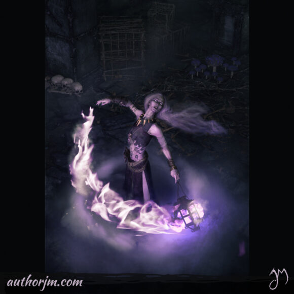 A ghastly looking woman holding a lantern from which rises a purple magical light and smoke.