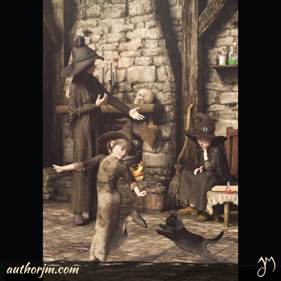 Three witches, an child, a woman, and an old woman, in an old house.