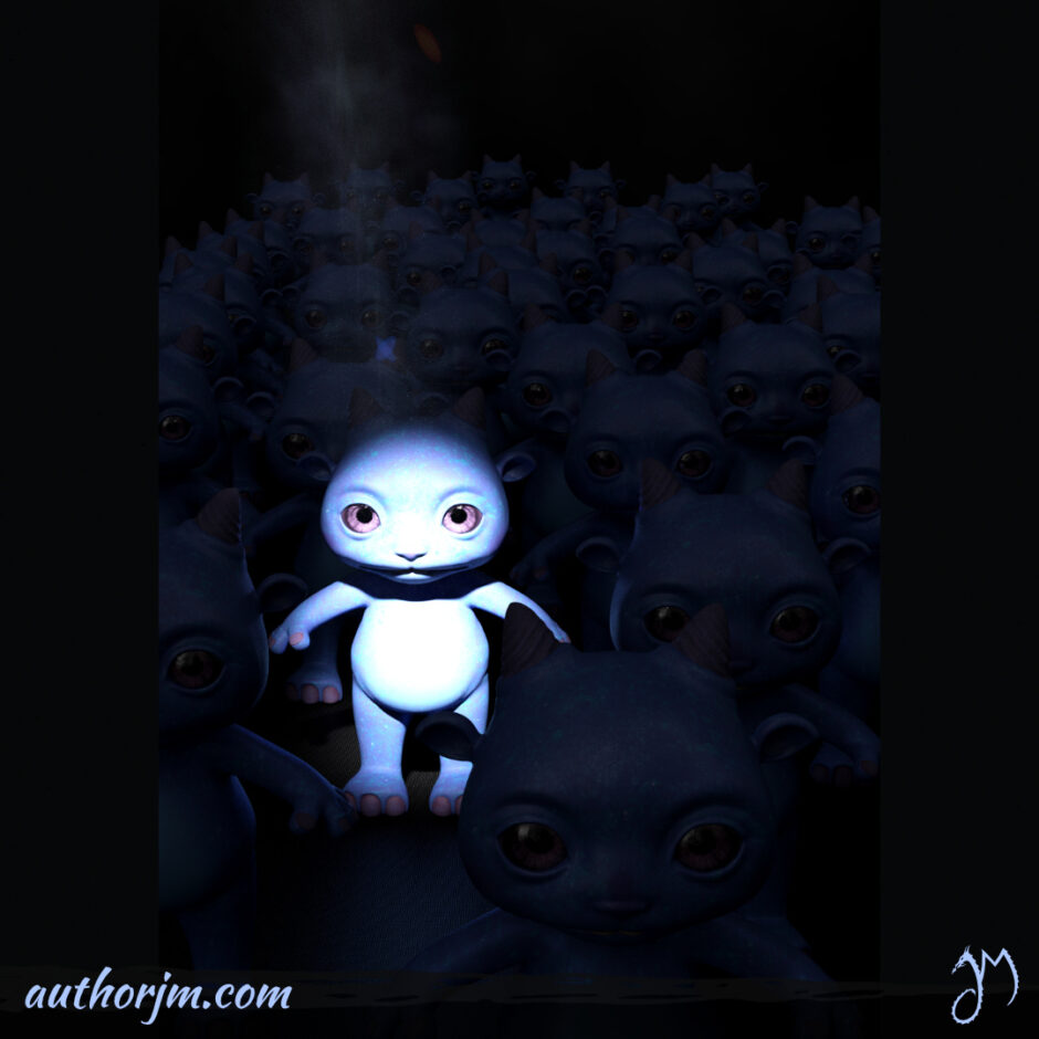 Rows of identical creatures with a spotlight shining at only one of them.