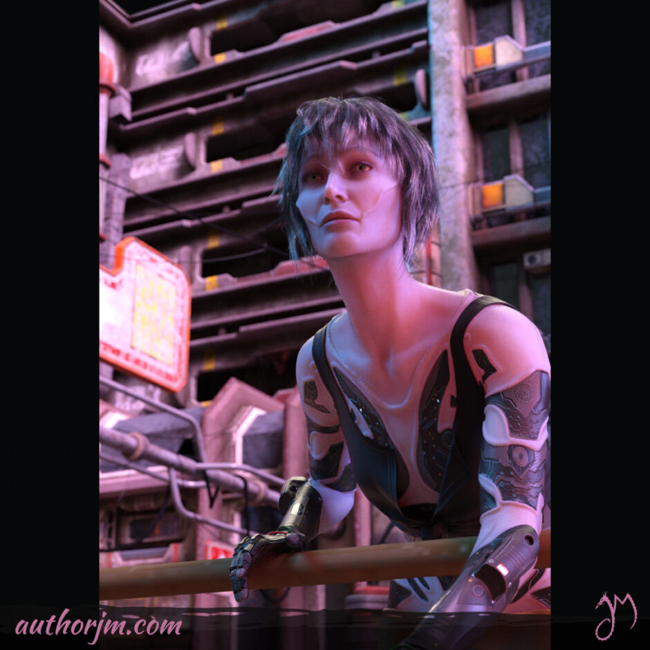 An android woman leaning against a railing.