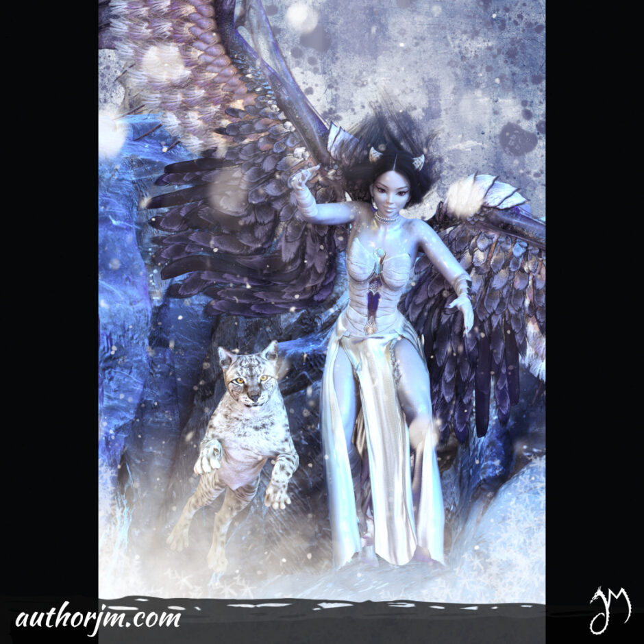 A winged woman and a lynx in a snowy landscape.