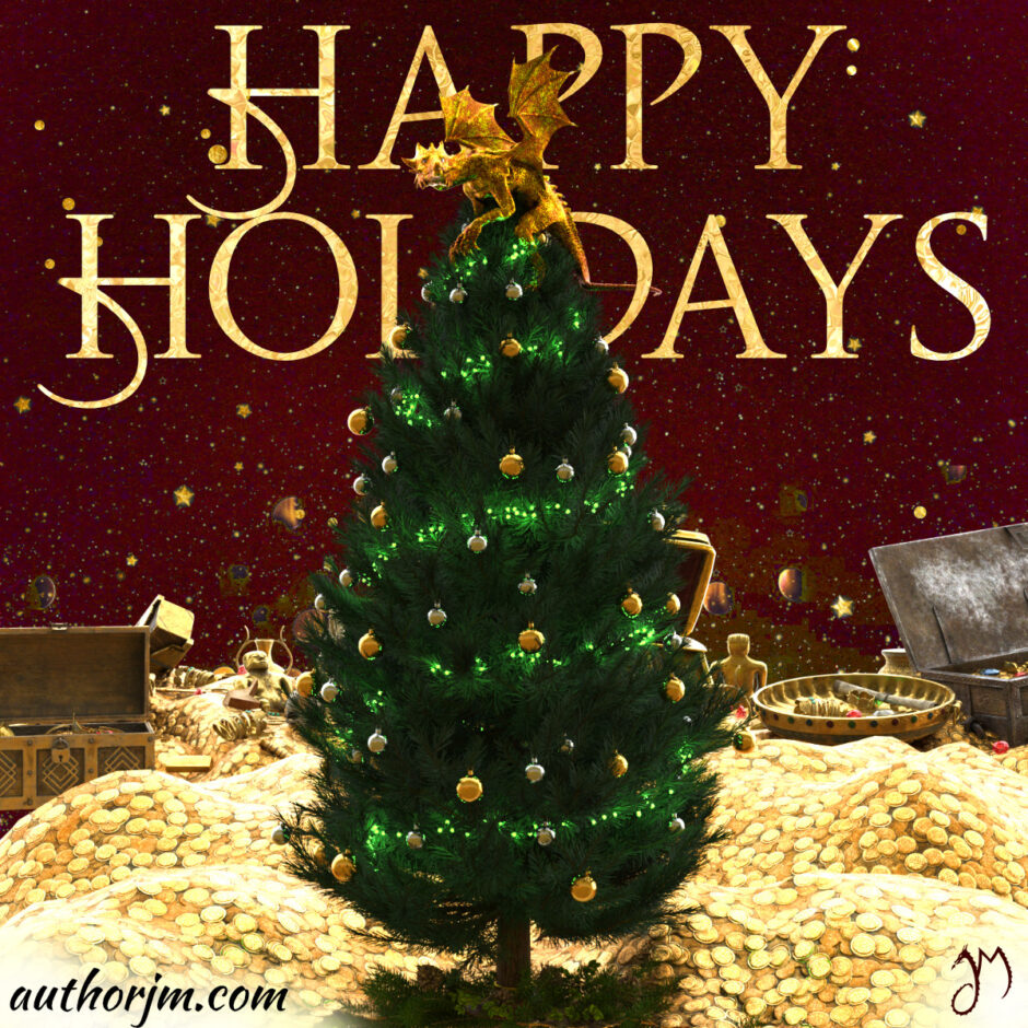 A Christmas tree in the middle of heaps of gold with a golden dragon on top of it. The text behind the tree reads "happy holidays".