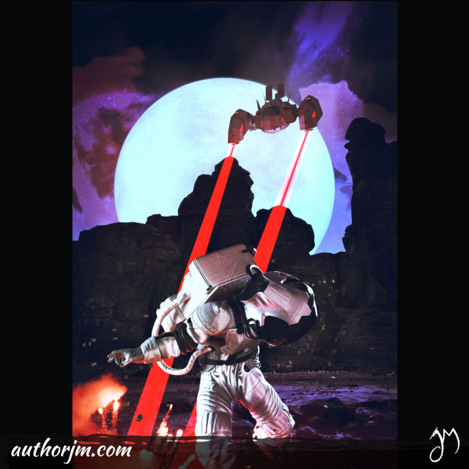 An astronaut on an alien planet runs trying to avoid laser blasts from an enemy ship.