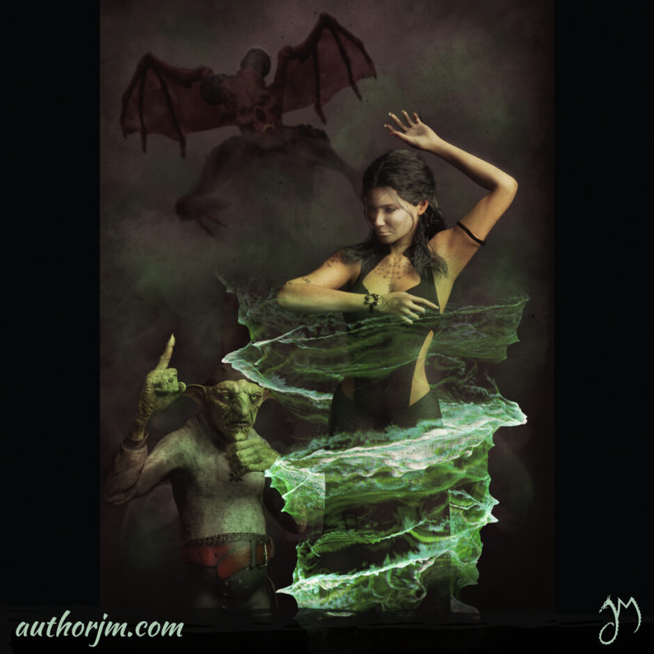 A woman in a middle of casting spell being interrupted by a goblin. In the dark and foggy background, there's a silhouette of a winged creature.