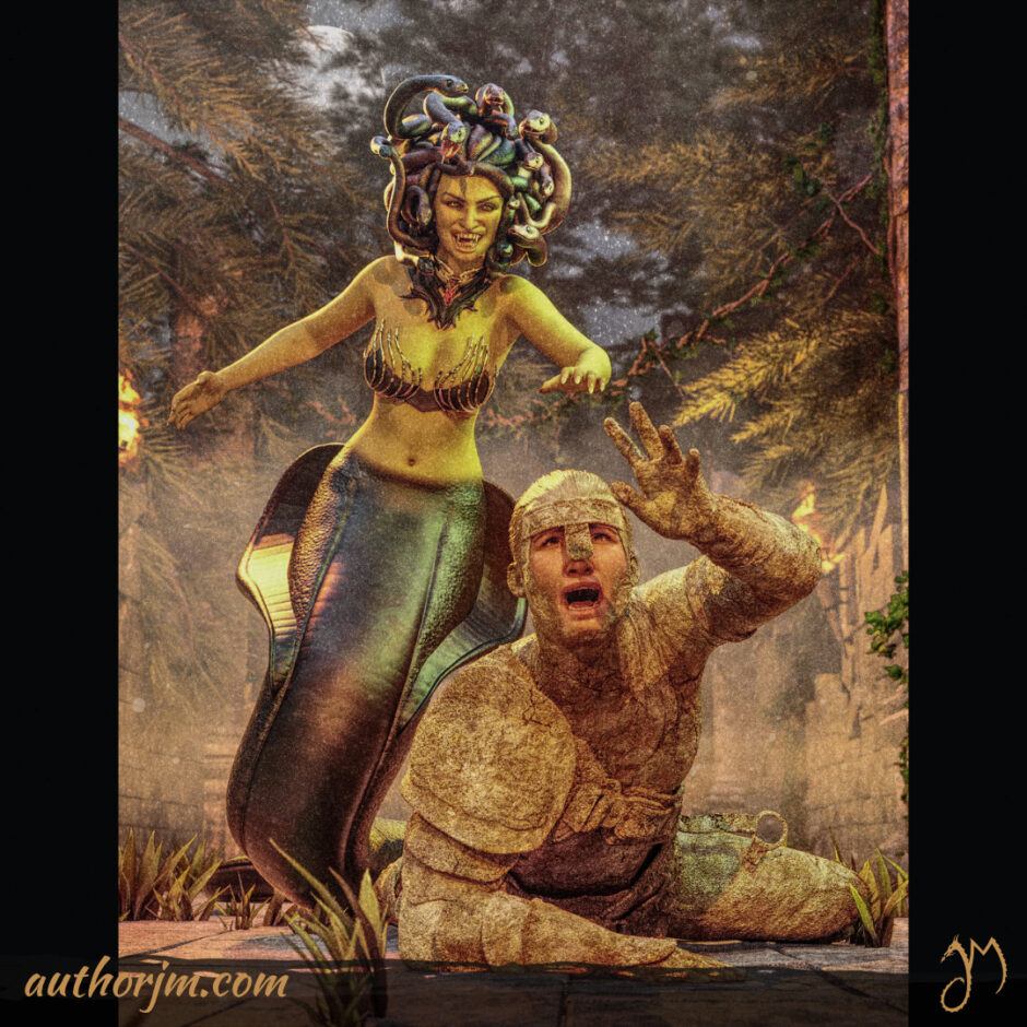 A medusa and a man lying on the ground, partially turned to stone and pleading for help.