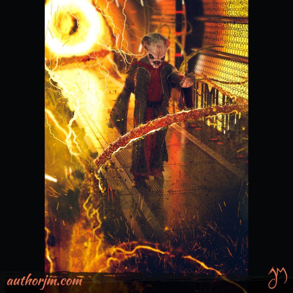 And alien walking through a scifi tunnel with destruction happening around him.
