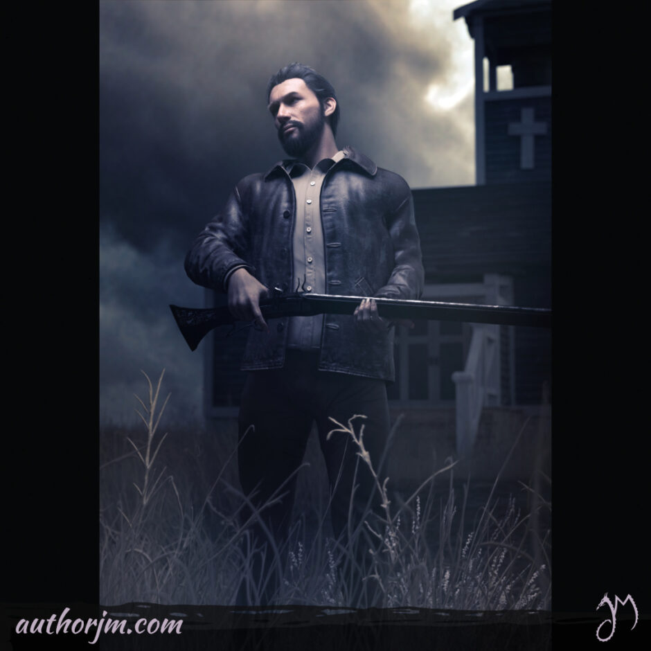 A man standing with a rifle in front of a church in the plains with stormy clouds above him.