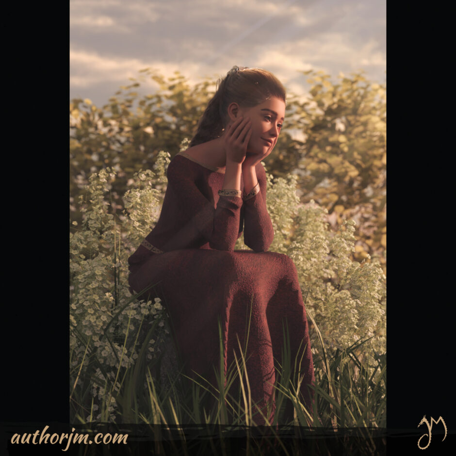 A woman sitting among flowers and bushes with a dreamy expression on her face.