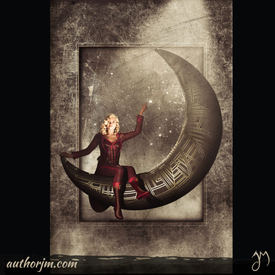 A woman dressed in a 1920s show-like outfit sitting on a moon prop.