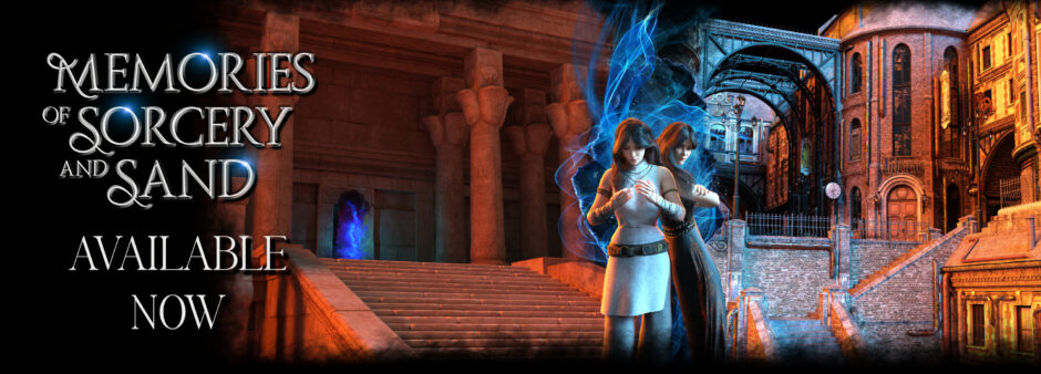 Cover Illustration for Memories of Sorcery and Sand and text "available now"