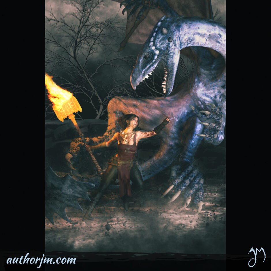 A woman in a smith's outfit and wielding a fiery hammer fighting an ice dragon.