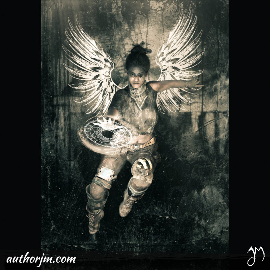 A woman with white wings on a dark grungy background.