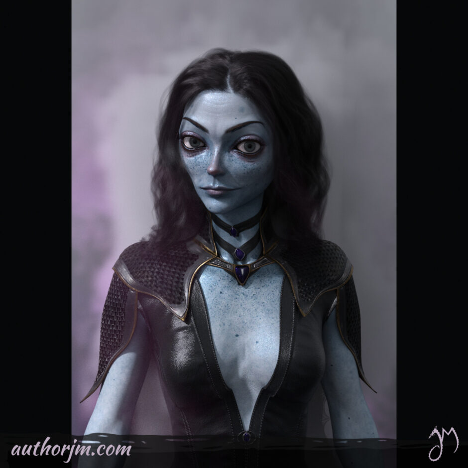A portrait of a woman with black hair, blueish skin, and large eyes looking into the camera quite menacingly.
