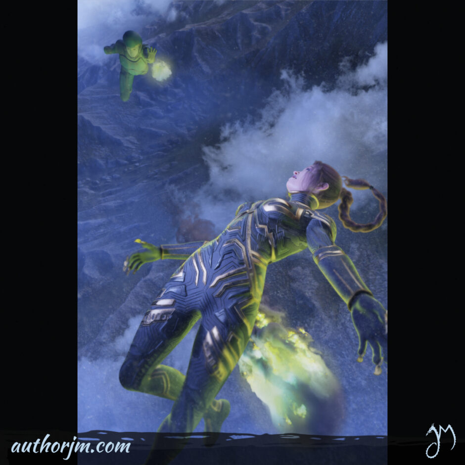 Two people in scifi outfits fighting in the air.