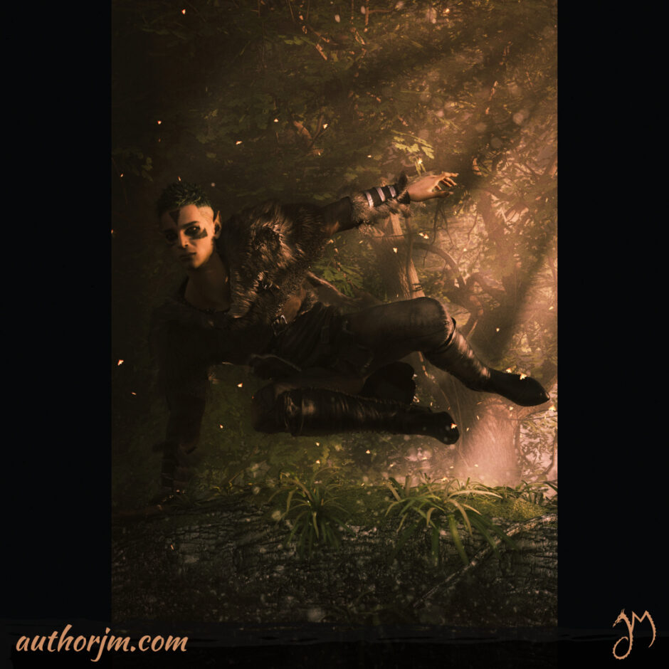 A hunter jumping over a tree trunk in the forest.