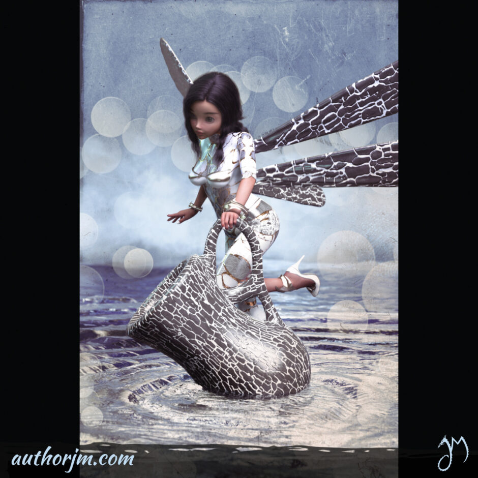 A fairy holding a jug and getting water.