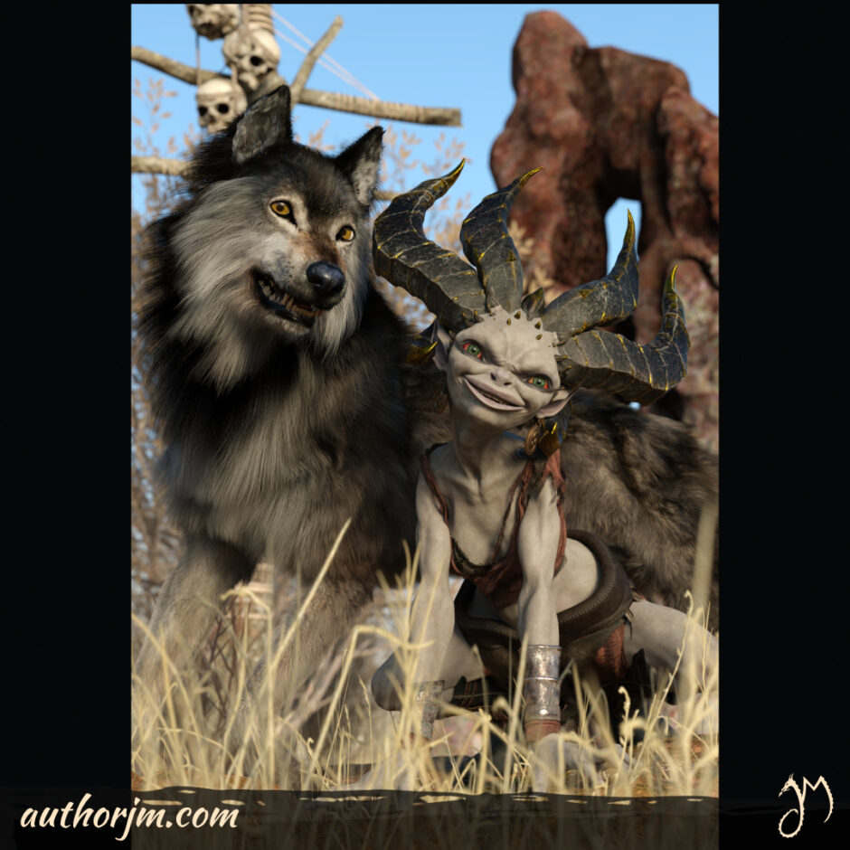 A horned woman beside a wolf, both looking at the camera and smiling.