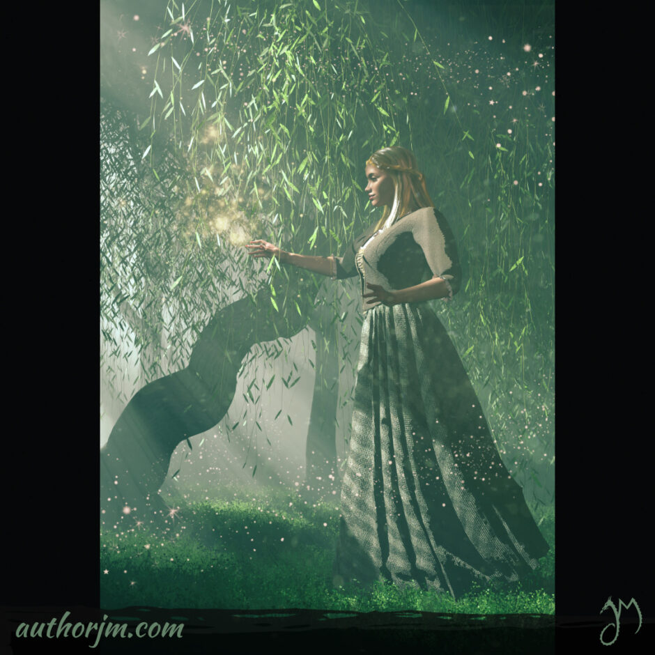 A woman beside a willow in a misty forest.