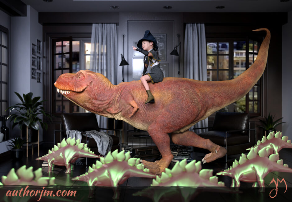 A girl riding a t-rex in a room full of plastic stegosauri