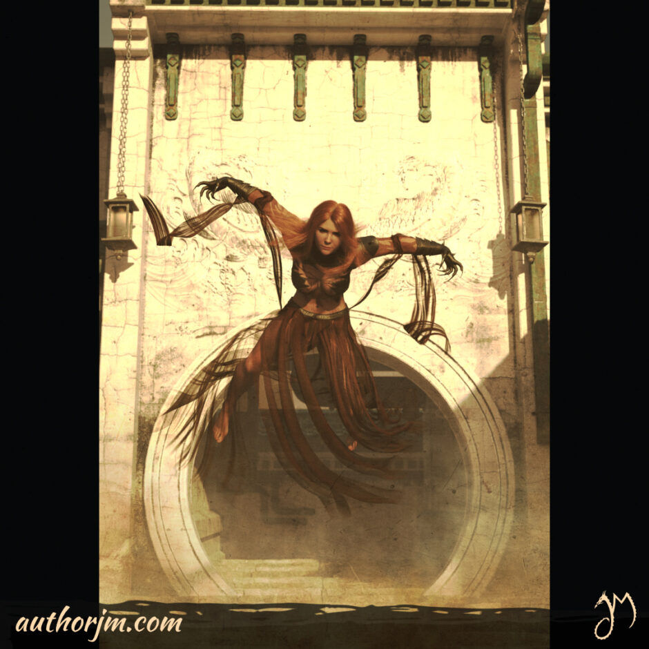 A woman in mid-jump with a fantasy building behind her.