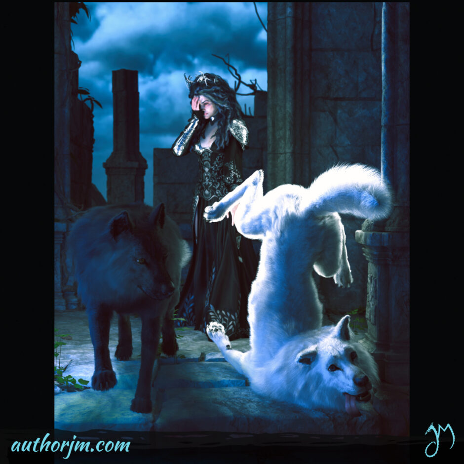 Two wolves in the ruins, one running majestically, the other tripping over itself, with a woman in the background facepalming.