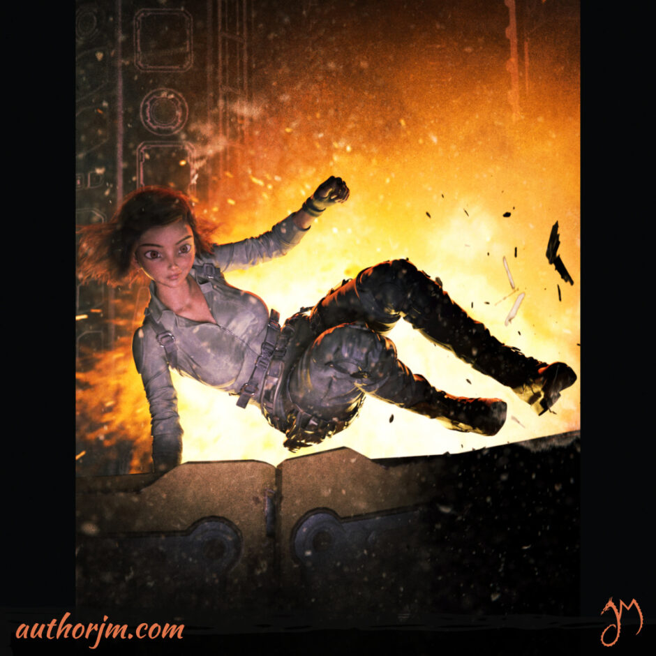 A woman in a battle gear jumping over an obstacle with an explosion behind her.
