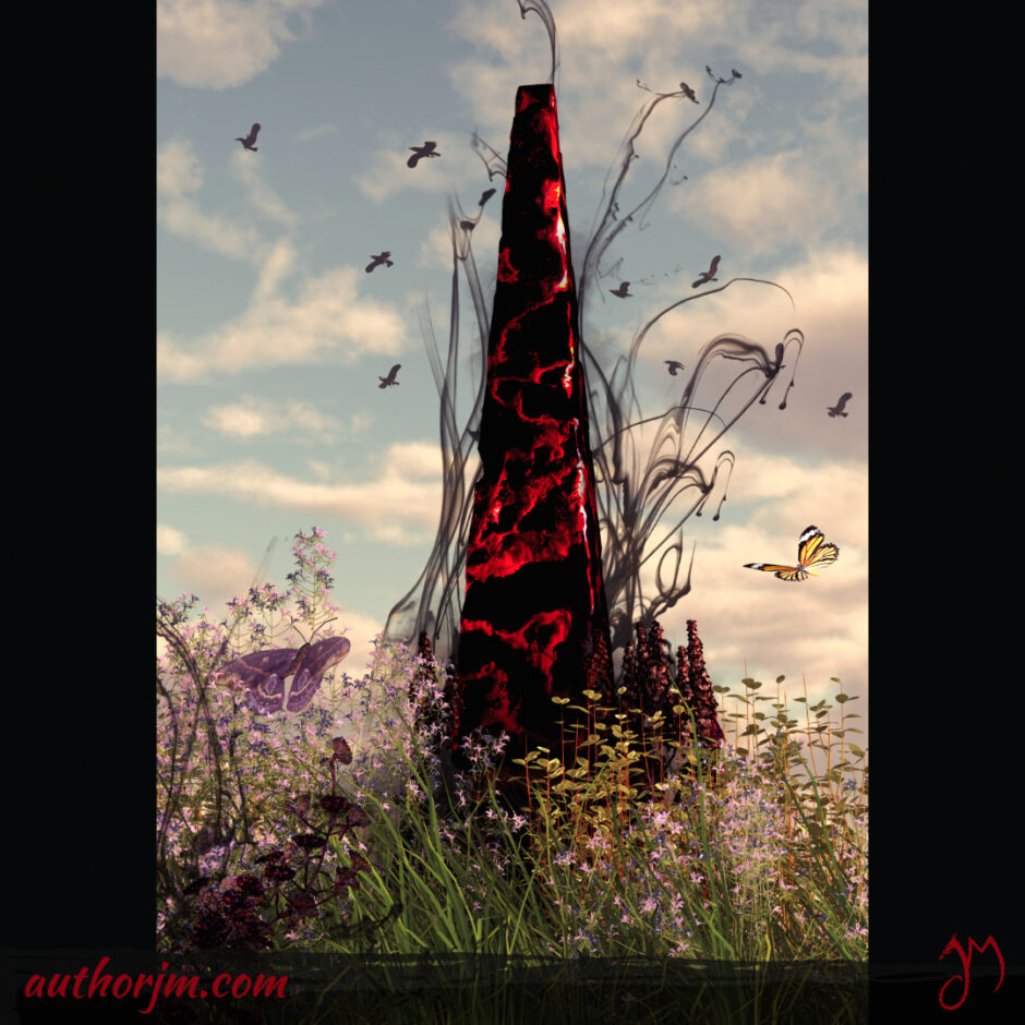A stone corrupted with evil magic in the middle of a meadow.