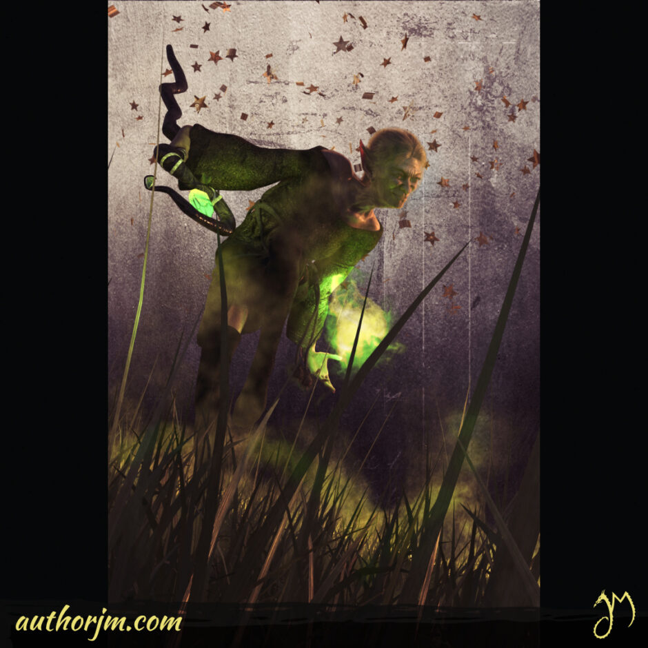 An old elf with a staff running through grass.