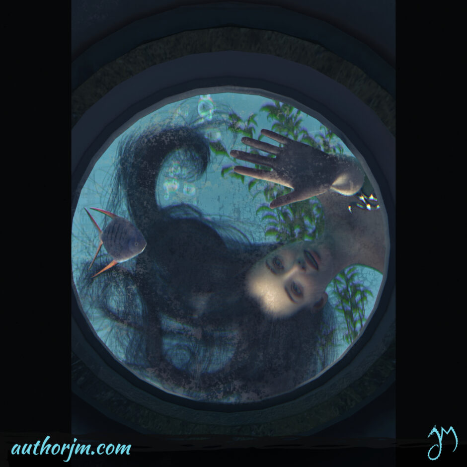 A woman underwater peeking into a submarine window.