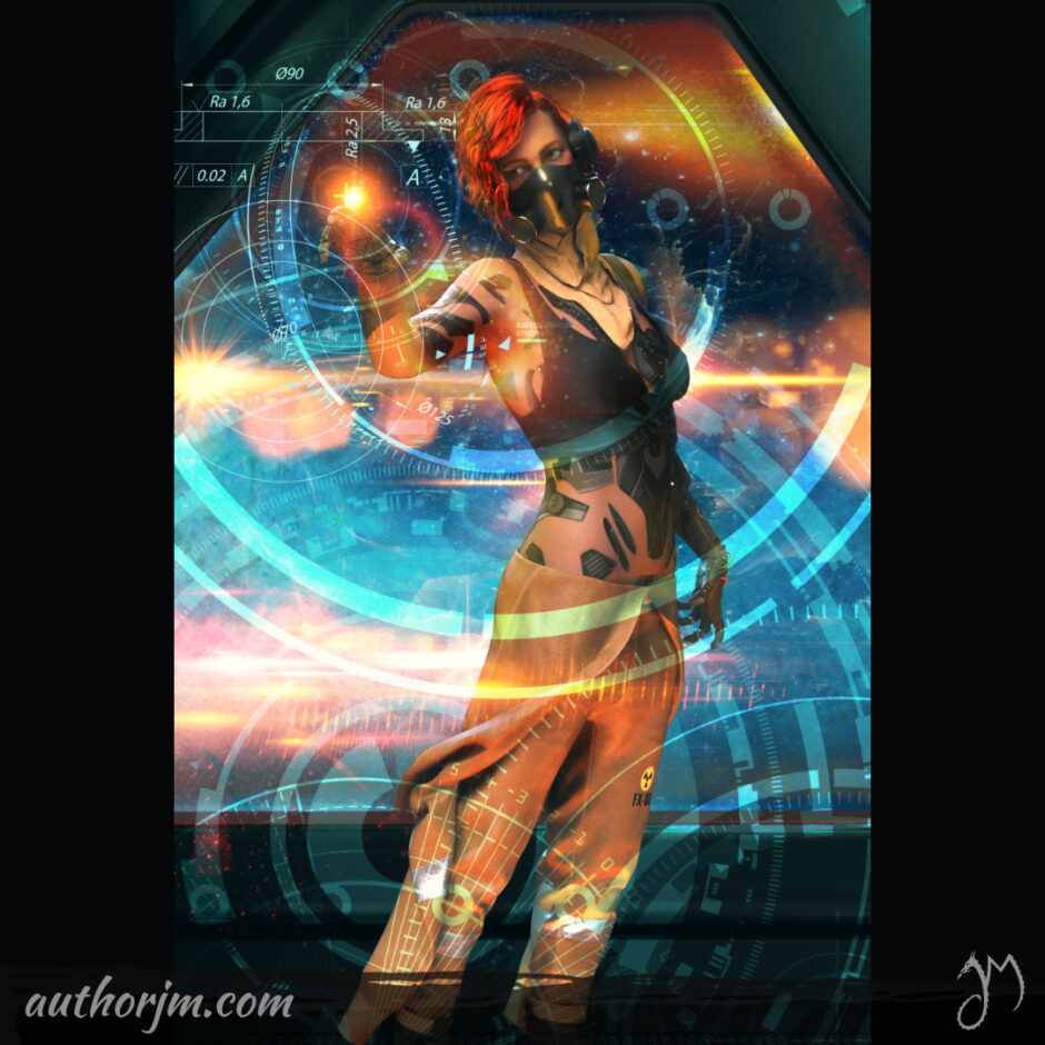 A woman on a spaceship with cybernetic displays around her.