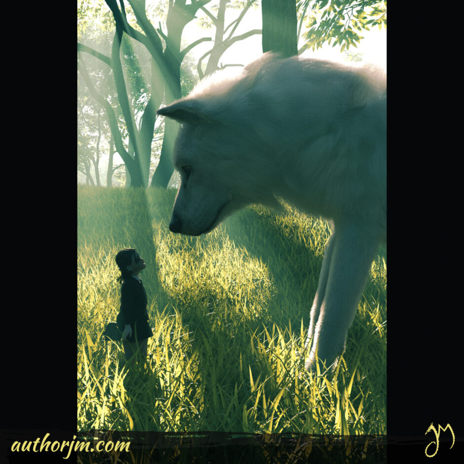 A large wolf and a little girl looking at each other in the woods.