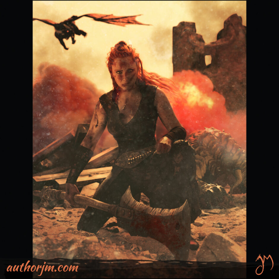 A woman in a battlefield with dead monster and dust behind her with a dragon flying overhead.