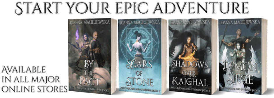 Four covers for Pacts Arcane and Otherwise by Joanna Maciejewska and text: start your epic adventure, available in all major online stores